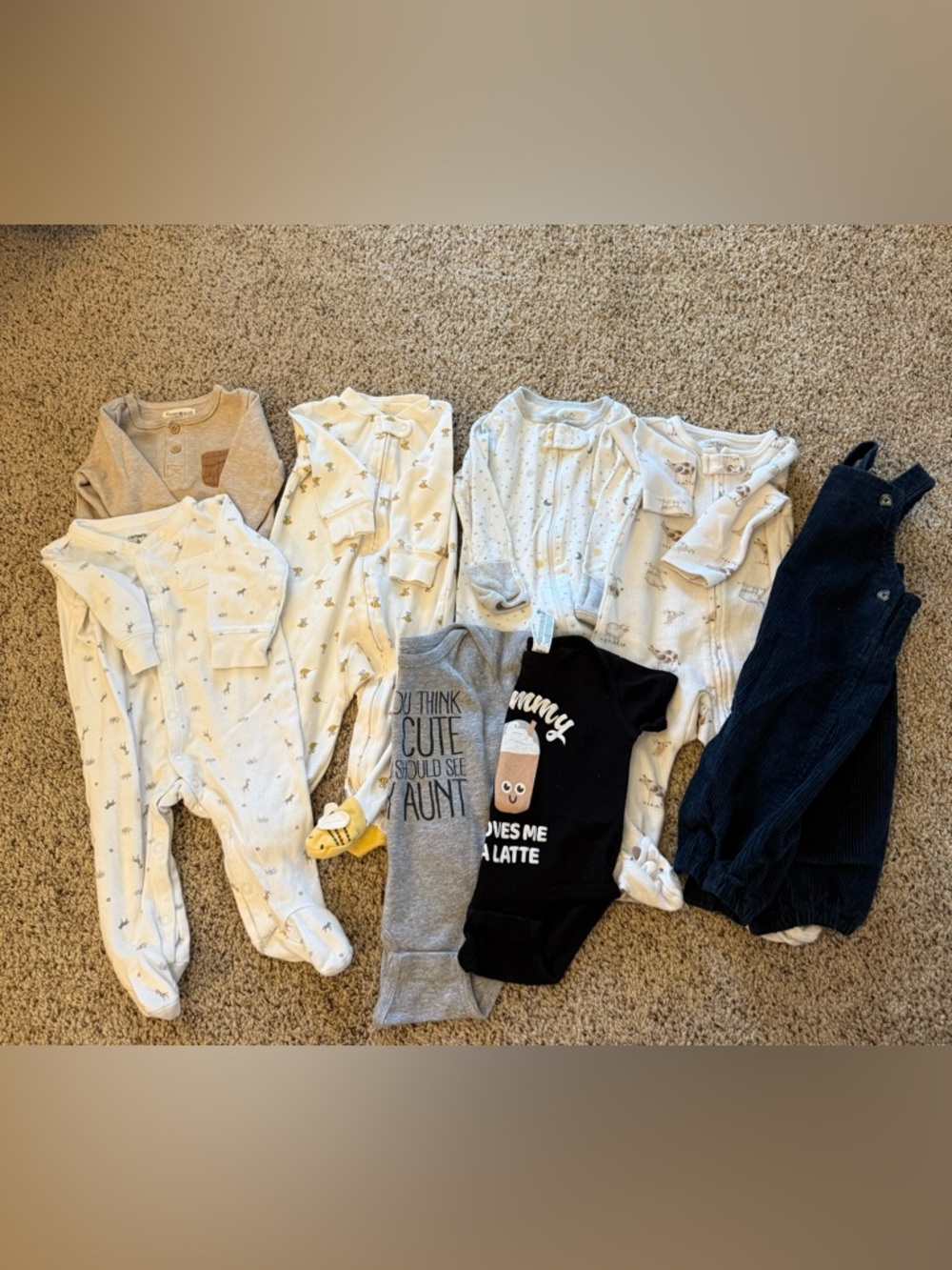 8 piece Neutral Baby Sleepers & Graphic Onesies - Cream, Gray, Black